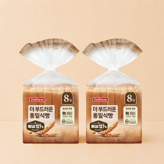 [당일생산] 델리팜 더 부드러운 통밀식빵 1.5cm, 2개, 380g