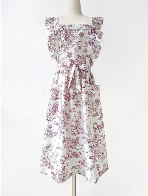 DOSYDOSY 여성용 엔틱 패턴 프릴 원피스형 앞치마 주방 꽃집 작업복, 1개, 레드