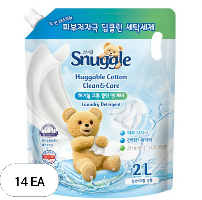 스너글 일반 드럼 겸용 클린앤케어 허거블 코튼향 액상세제 리필, 2L, 14개