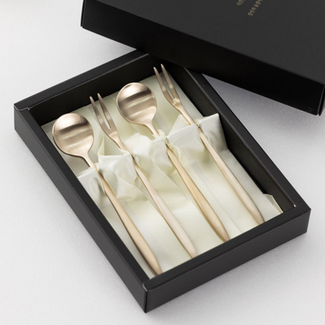 선물용 놋결 방짜유기 놋그릇 티스푼 티포크 디저트 커트러리 4P +포장박스, 1세트, 티스푼2개+티포크2개, 고급보자기
