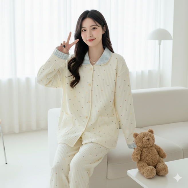 고즈웰컴퍼니 여성 겨울 도톰한 누빔 파자마 수면 잠옷 홈웨어 세트
