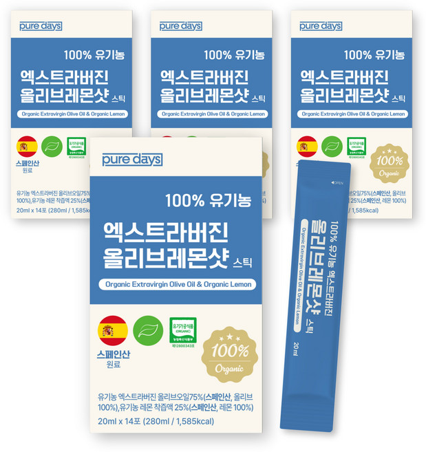 퓨어데이즈 100% 유기농 올레샷 엑스트라버진 올리브오일 레몬즙 스틱, 56개, 20ml