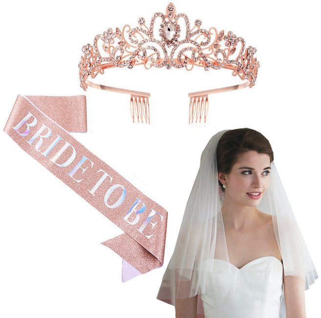 올리브파티 브라이덜샤워 셀프웨딩 티아라+어깨띠+면사포 세트, 로즈골드티아라, 1세트