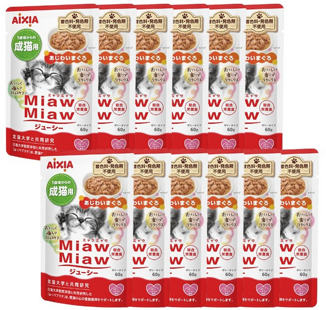 아이시아 먀우먀우 쥬시 파우치 고양이간식, 맛참치, 60g, 12개