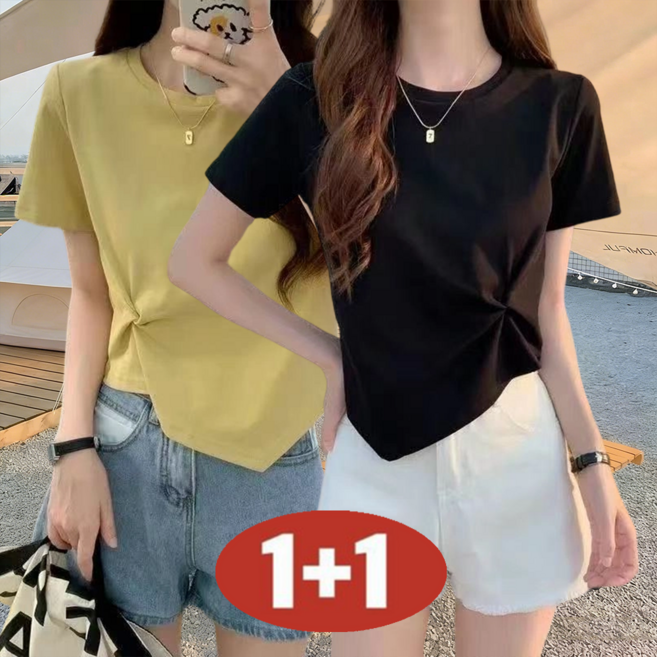 여성용 여름 1+1 초특가 숏 슬림핏 날씬해 보이는 단색 비대칭 하이웨이스트 라운드넥 반팔 티셔츠