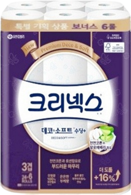 [리뉴얼] 크리넥스 데코앤소프트 25m 24+6롤, 1개, 30개입