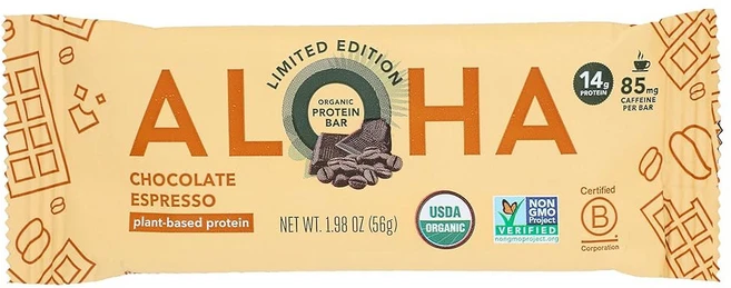 알로하 초콜릿 에스프레소 프로틴 바 식물성 단백질 14g 카페인 85mg USDA 인증 글루텐 프리 및 비-GMO 1.98온스(12팩), 알로하 유기농 초콜릿 에스프레소 프로틴 바, 식물성 단 - 쿠팡