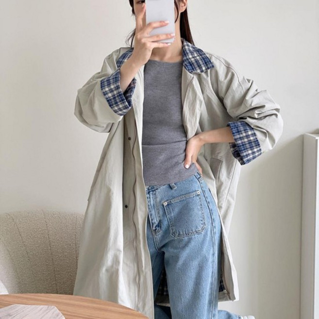 트렌치 롱야상 체크 엣지 여성 루즈핏점퍼 봄자켓