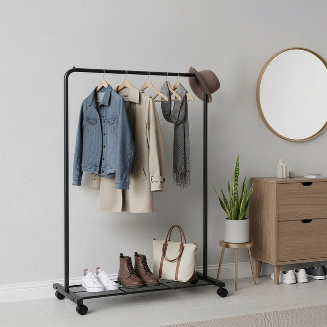 SONGMICS 이동식 다기능 수납 철제 튼튼한 행거 옷걸이 행거, 블랙