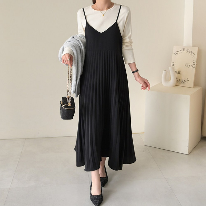 데일리앤 블레어 뷔스티에 브이넥 끈나시 플리츠 주름 롱 원피스 민소매 레이어드 하객룩