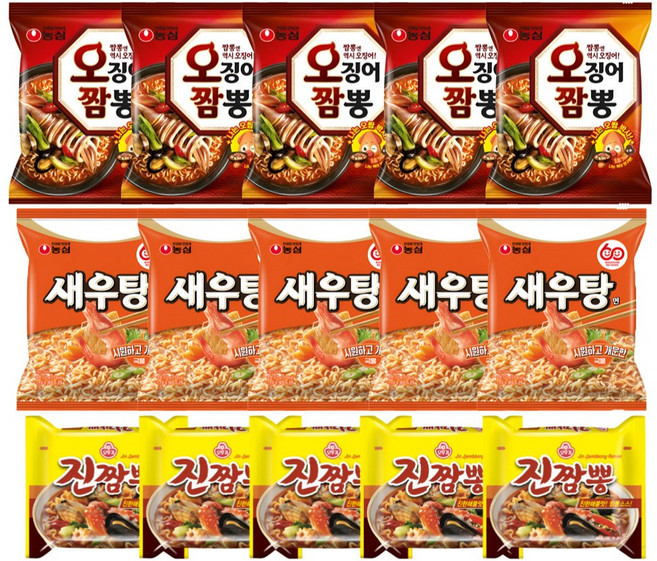 <꾼들>오징어짬뽕+진짬뽕+새우탕면 해물라면 세트 15개