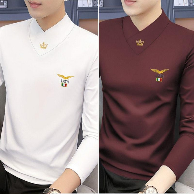 COSYEVNO 1+1 남성 기모 긴팔 티셔츠 반폴라 슬림 패션 심플 자수 상의