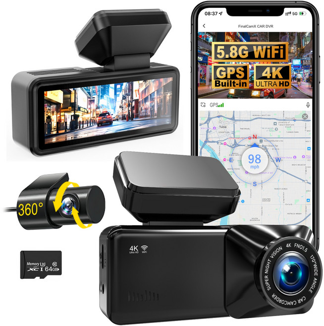 VIMONIC 4K UHD+FHD 고화질 2채널 차량용 블랙박스 GPS 내장 WiFi 스마트폰 연동 지원 한국어 음성 안내, 단품, 64GB