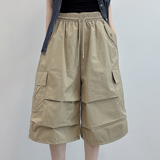 쏘옷 남여공용 루즈핏 7부 카고 밑단스트링 버뮤다 밴딩 팬츠