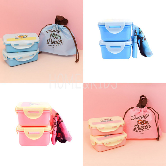 홈앤키즈 카카오 썸머 피크닉 주머니 밀폐 2단 도시락 초등학생 어린이 유아 어린이집 유치원 소풍 도시락통 라이언 어피치 단체선물, 1개, 썸머피크닉주머니밀폐2단도시락 라이언