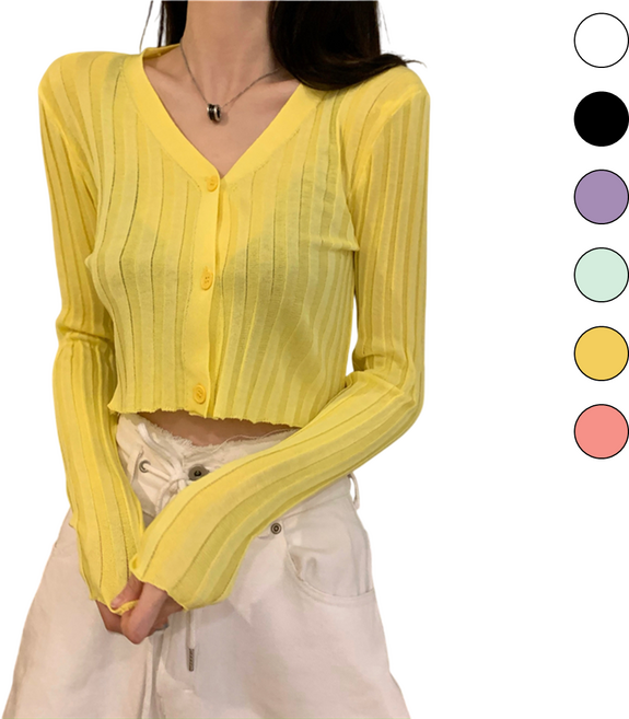 칩썬데이 여성 여름 브이넥 골지 아이스 얇은 크롭 가디건