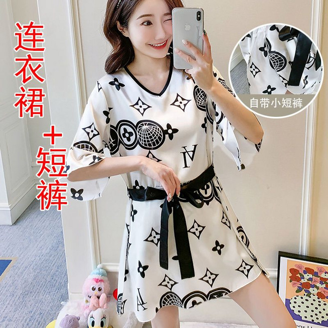 女士睡衣兩件套，春夏冰絲短袖寬鬆日系家居服