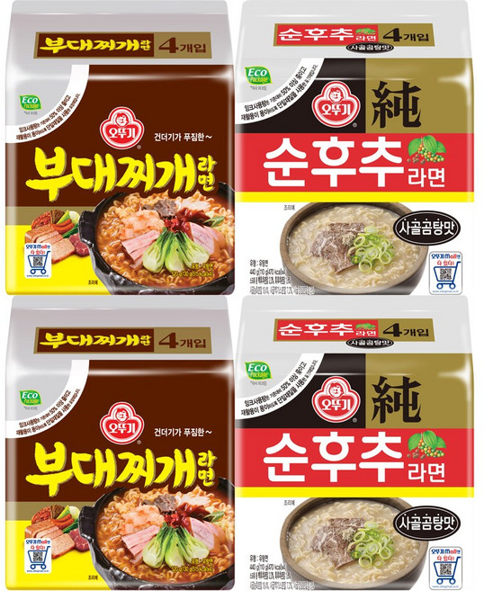 오뚜기 순후추라면 사골곰탕맛 4입 2개+부대찌개라면 4입 2개, 1세트