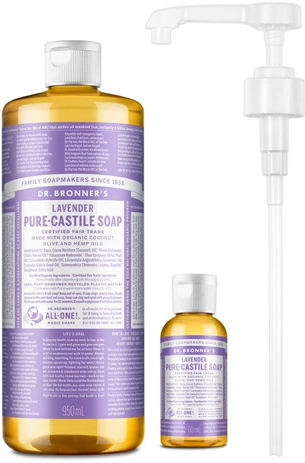 닥터브로너스 캐스틸 솝 라벤더 950ml+60ml+펌프 세트, 1개 - 쿠팡