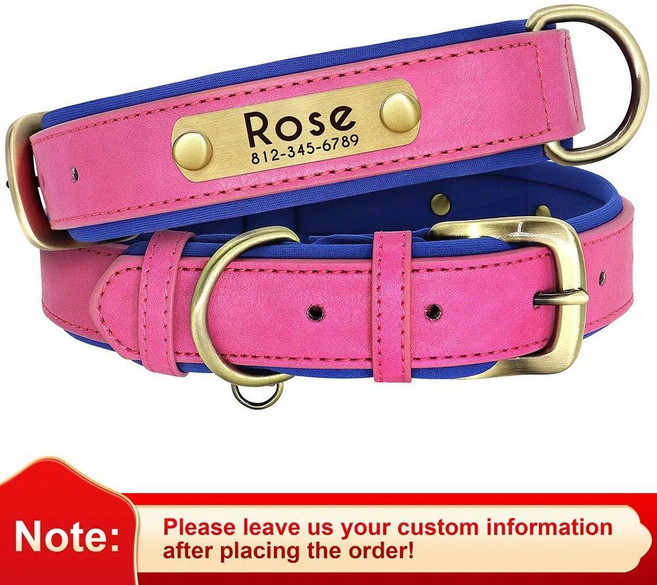 가죽 명찰 개 목걸이 대형견 반려견, Rose Red, 1개