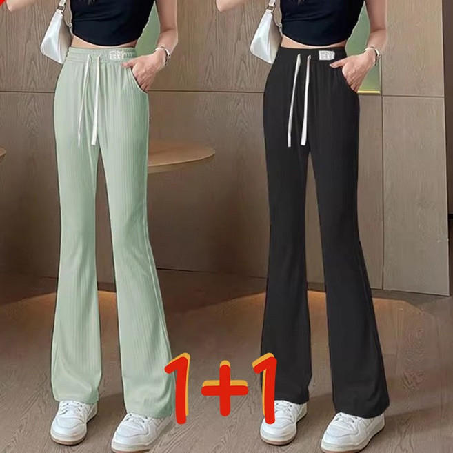 1+1 여름 냉감 시원한 트레이닝복 바지 얇은 통기 와이드 밴딩 팬츠 스판 캐주얼 나팔바지