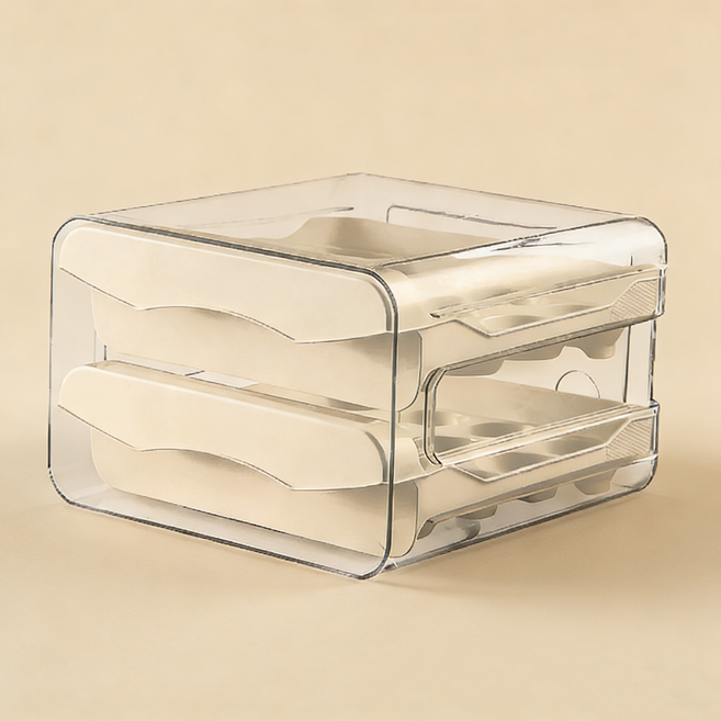 서랍식 2단 계란 보관함 대용량 냉장고 정리함 식품등급 PET 소재, 1개, 크림색