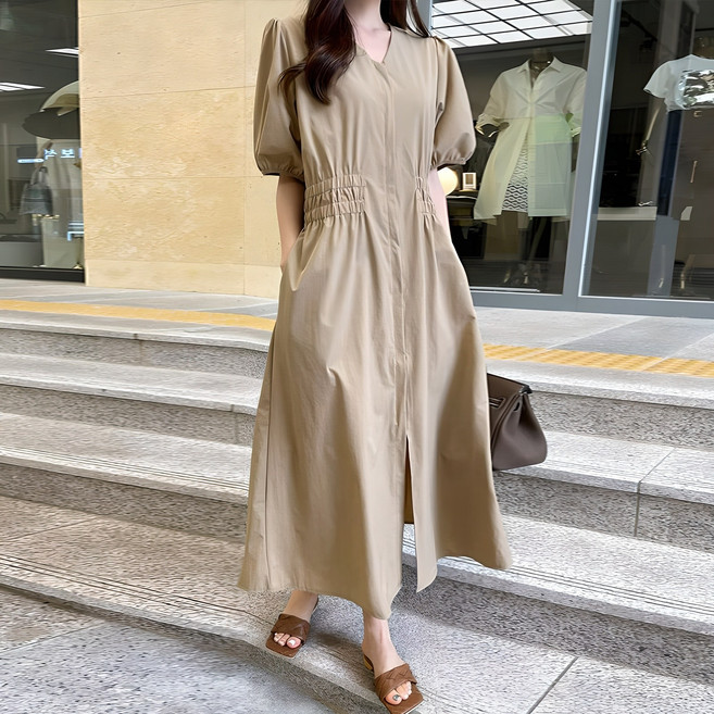 myseason 女款Surion雙側鬆緊帶V領連身裙, 米色