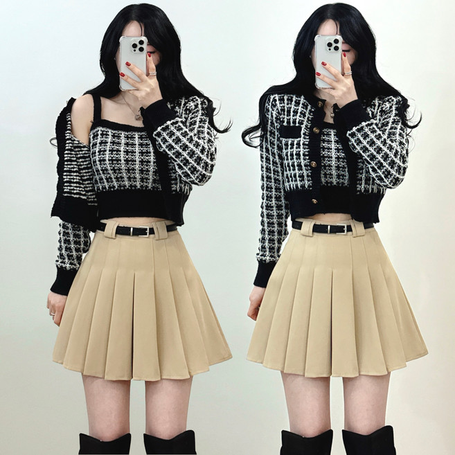 제이앤썸 트위드 니트 가디건 크롭 스퀘어넥 슬리브리스 나시 투피스 세트 셋업