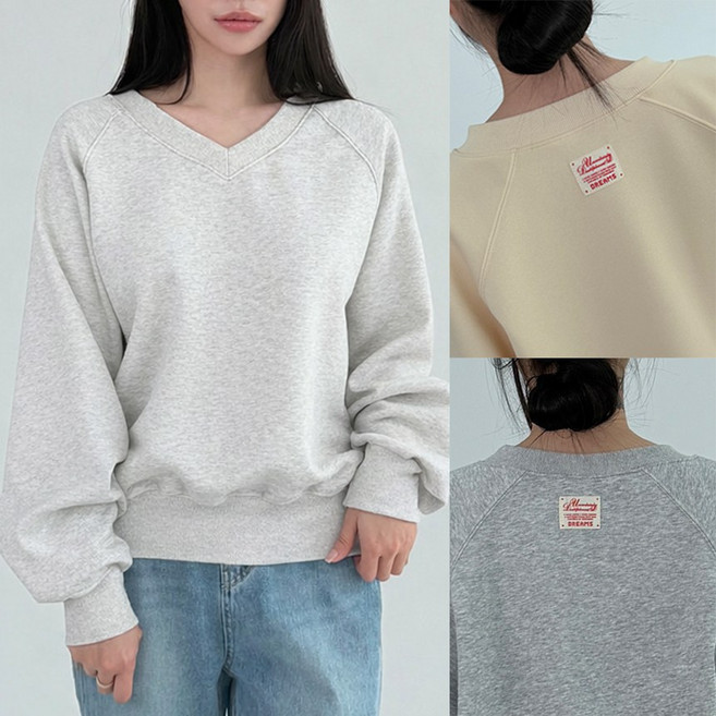 라벨 패치 포인트 브이넥 가오리 루즈핏 맨투맨