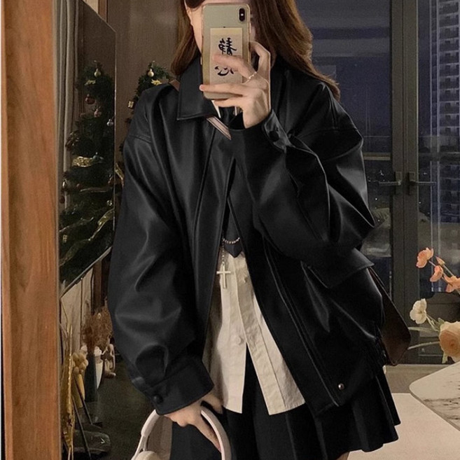 SAHINER 봄가을 여성 오버핏 인조가죽 자켓 점퍼 BWT12