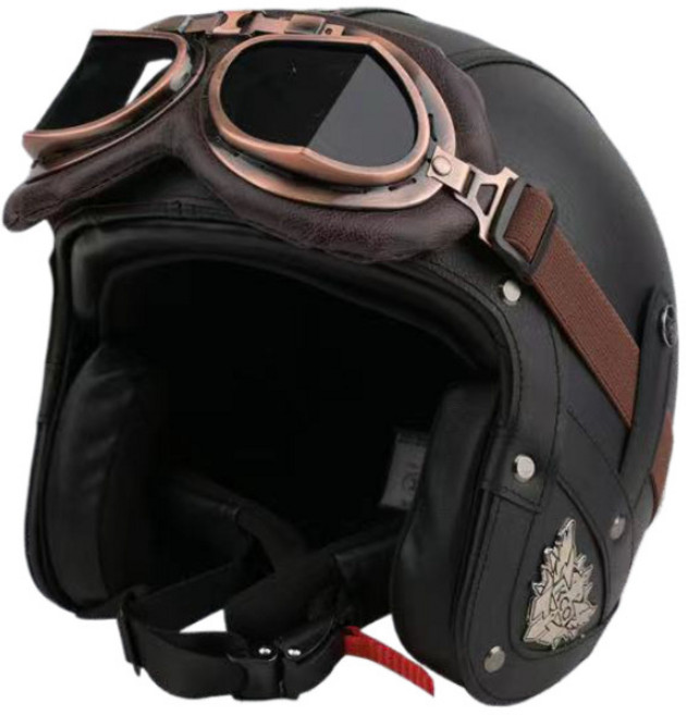 安全認證頭盔電動車機車復古四季皮革摩托車半盔日式踏板DOT認證, 黑色