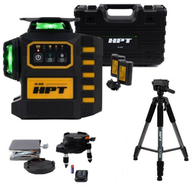 HPT 전자식 그린 레이저 레벨기 HL-3AG + HLT200 삼각대 포함 대용량 배터리2개 풀세트 수직 수평 메모리, 1개