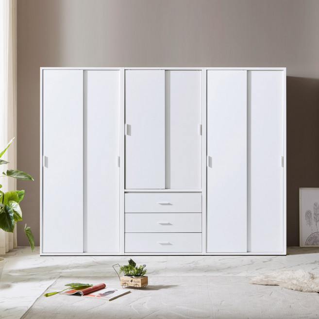 솜씨방 루디아 친환경 E0 2400 슬라이딩 옷장 세트 (이불장+서랍옷장+옷장), 화이트, 01_루디아 이불장 + 서랍옷장 + 옷장