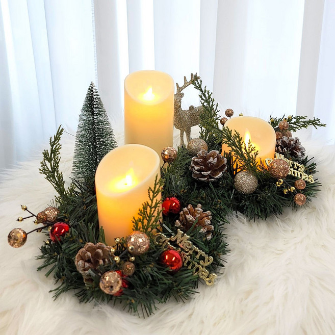 더라임코리아 솔방울 메리 리스 LED 캔들 세트 크리스마스 장식 소품, 레드+중, 1개