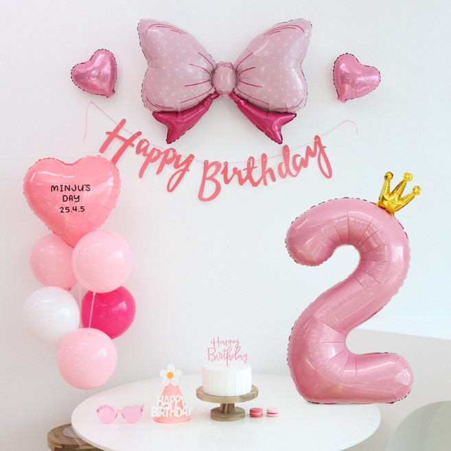이벤트홀릭 생일가랜드 생일 파티 용품 세트 숫자 리본 하트 풍선 (자유레터링), 숫자풍선 2, 1개, 핑크