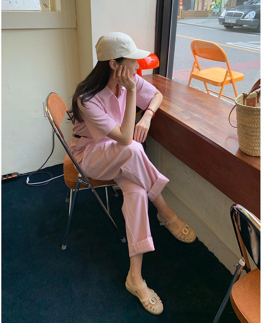 더사바 일자핏 카라넥 반팔 점프수트 데일리 썸머 원피스