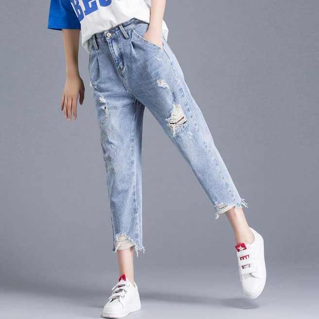 9分8分破洞牛仔褲 女 寬鬆 顯瘦 哈倫褲