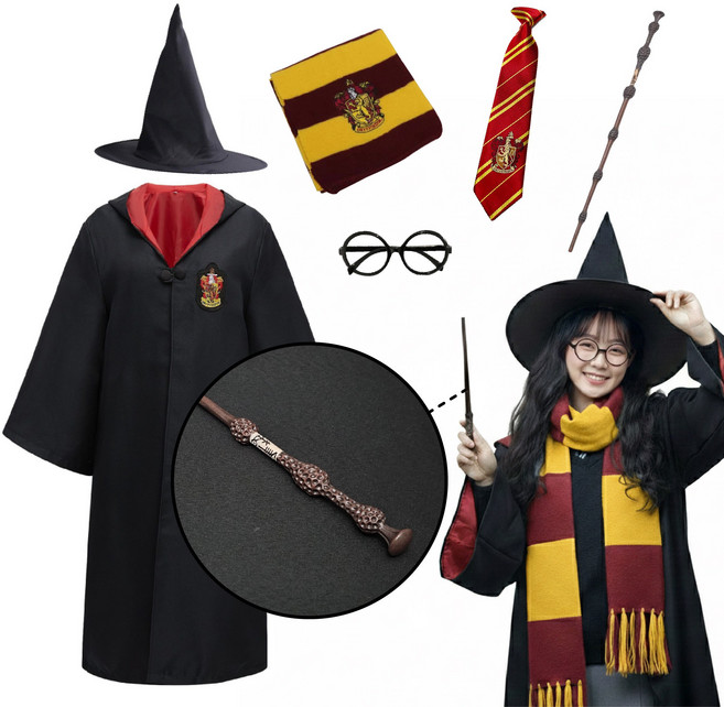 [청춘교복] 고퀄리티 해리포터 덤블도어 지팡이 6종세트 로브+머플러+자동로고타이+안경+지팡이+모자 코스프레 할로윈 마법사 졸사 졸업사진