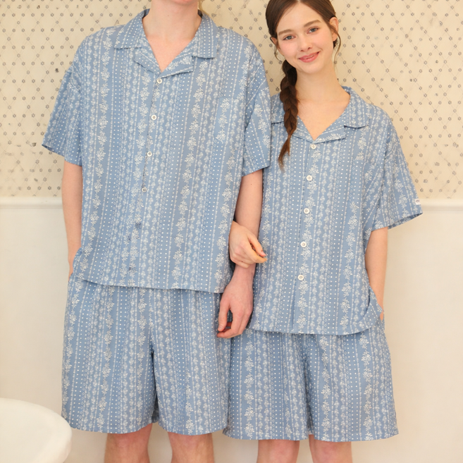 마리끄 남여공용 꽃패턴 반팔 상하의세트 빅사이즈 잠옷