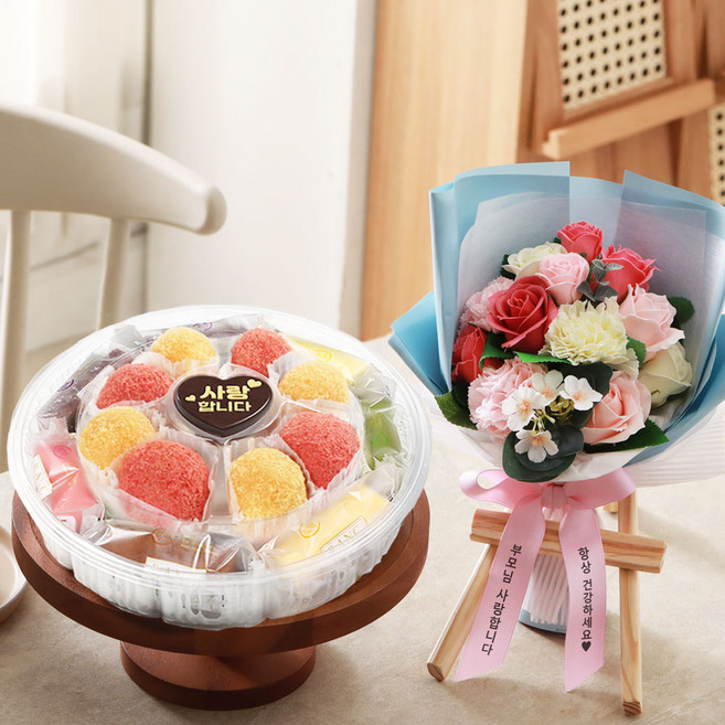 이버스데이 VIP 떡케이크 선물세트 생일 케익 기념 생신 칠순 명절 선물추천 단체선물, 1.25kg, 1세트, V/떡케이크D/꽃12/리본문구/거치대_NEW