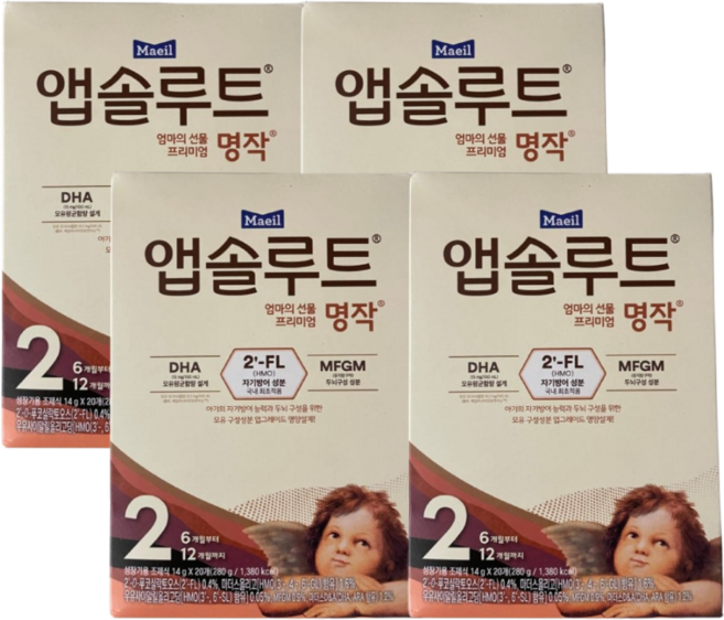 매일유업 앱솔루트 명작 2FL (HMO) 분유 스틱 2단계(6~12개월) 14g 20포 4개(총 80포), 4개