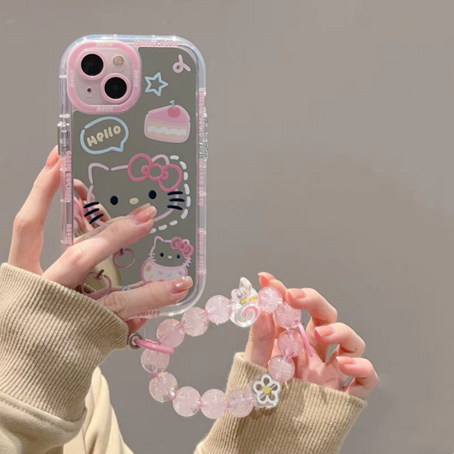 해피해피 아이폰 낙서키피 스트랩포함 거울핑크 키티호환 폰케이스