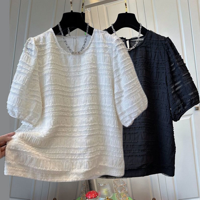 빅사이즈 여성 여름 벌룬 티셔츠 여자 루즈핏 라운드넥 반팔 티셔츠 블라우스