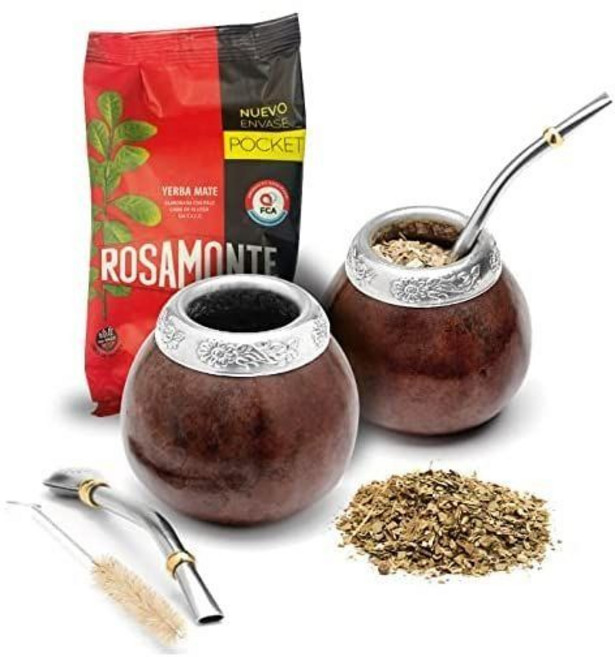 BALIBETOV Yerba Mate Gourd 2개 및 100g 1팩 세트 - Cup Argentina 메이트 컵 2개 봄빌라 청소용 브러시 1개 느슨한 가방 1개(다크 브라, Dark Brown, 1개입