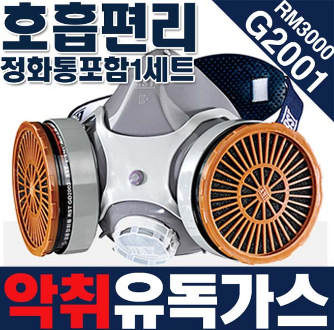 RST방독면 RM3000 G2001 GD2002 G2702VA G2702T 농약살포 방독마스크 페인트작업 락스 화장실청소 학교실험실 과학실 공사현장 산업용 방역 악취 방독면마스크, (마스크+정화통), 1개