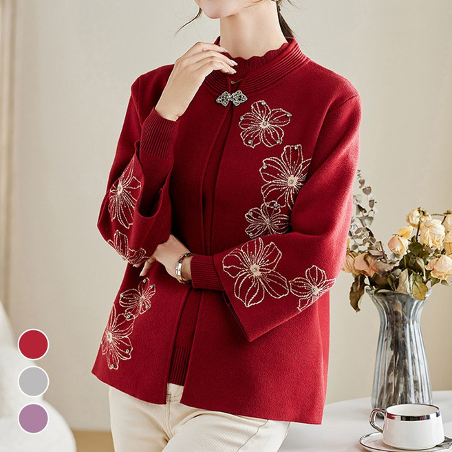 메이리앤 할머니 꽃무늬 큐빅 니트 가디건 투피스 세트