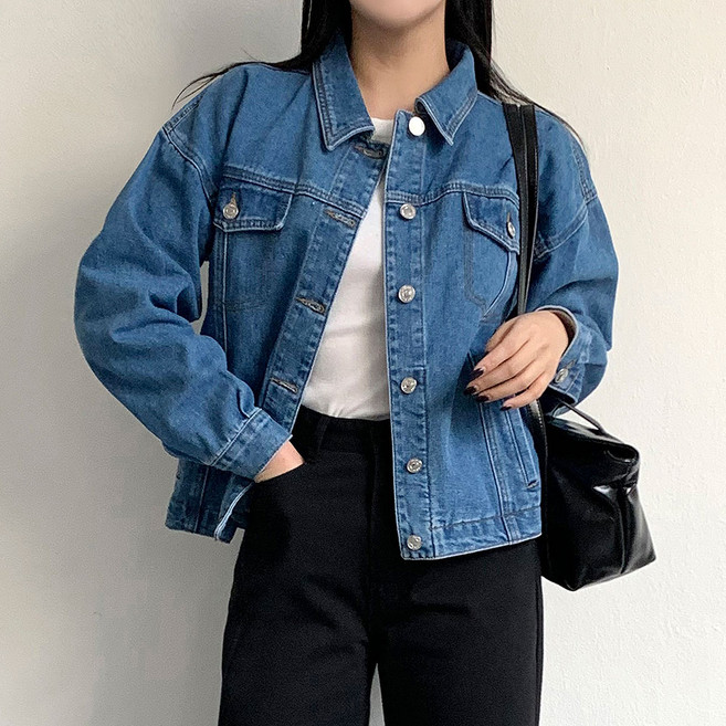 제로시아 여성 세미오버핏 청자켓 워시드 기본 데님 자켓