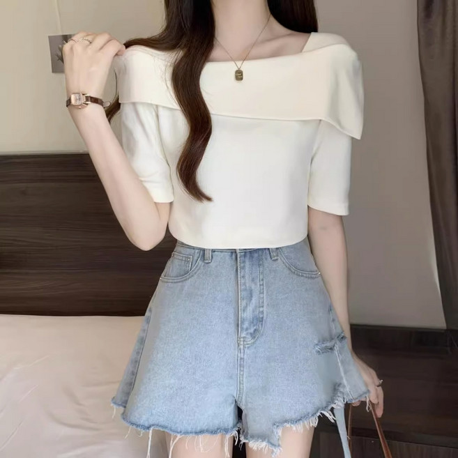 해피유통 여성 봄여름 오프숄더 반팔 블라우스 넥플랩 디자인 슬림핏 출근룩XG11