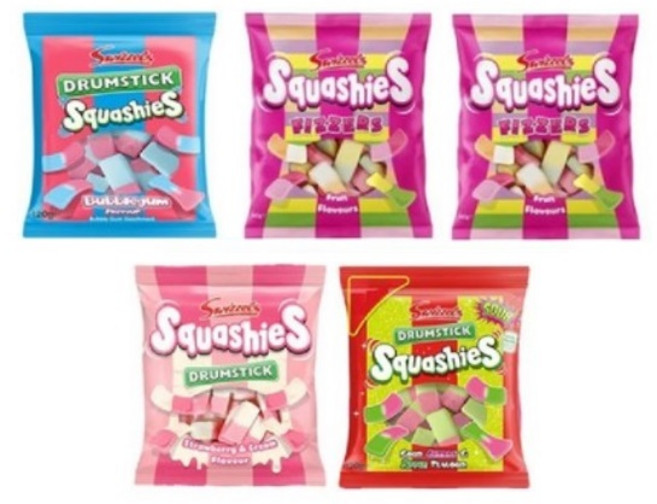 영국 스위즐스 드럼스틱 스쿼시 젤리 5종세트 (버블껌/미니언즈/사워체리&애플/스트로베리&크림/피져스 과일), 1개, 120g