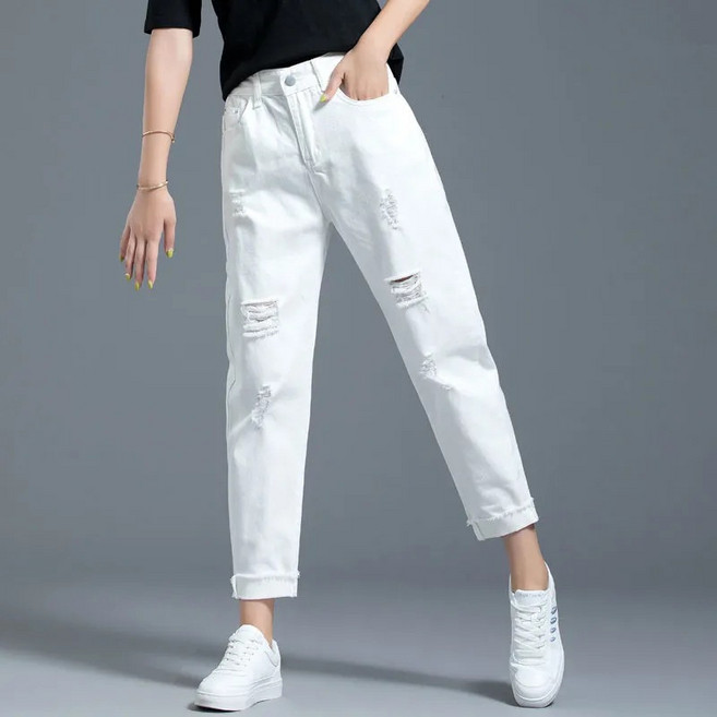 SAHINER 여름 하이웨스트 롤업 배기팬츠 여성 와이드 9부 찢청바지 LWAPD13